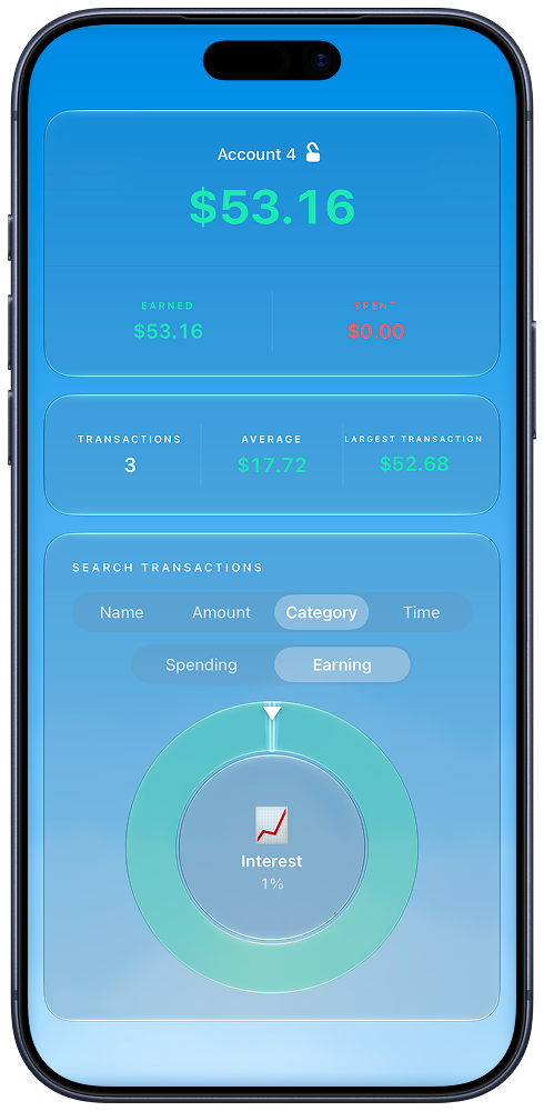 Weather Budget account screen with balance, transactions, average, and chart